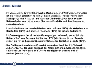 KONZEPT & MARKT GMBH, GEISENHEIM · SEITE 18
Social Media
Im Vergleich zu ihrem Stellenwert in Marketing- und Vertriebs-Fachmedien
ist die Nutzungsreichweite von Sozialen Medien nicht besonders stark
ausgeprägt. Nur knapp ein Fünftel aller Online-Shopper nutzt Soziale
Netzwerke im Internet, um sich über neue Produkte zu informieren oder
auszutauschen.
Innerhalb dieser Nutzerschaft haben Internetforen (56%), die Websites von
Herstellern (52%) und speziell Facebook (47%) die größte Bedeutung.
Im Quervergleich der einzelnen Warengruppen schwankt der Anteil der
Nutzerschaft von Sozialen Medien von 11% (Medikamente und Arznei-
mittel) bis hin zu Lebensmitteln und Gütern des täglichen Bedarfs (27%).
Der Stellenwert von Internetforen ist besonders hoch bei Kfz-Teilen &
Zubehör (77%), der von Facebook bei Mode, Schuhen, Accessoires (56%)
sowie bei Lebensmitteln und Gütern des täglichen Bedarfs und bei
Medien (jeweils 55%).
 