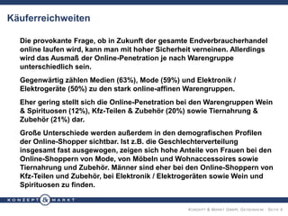 KONZEPT & MARKT GMBH, GEISENHEIM · SEITE 4
Käuferreichweiten
Die provokante Frage, ob in Zukunft der gesamte Endverbraucherhandel
online laufen wird, kann man mit hoher Sicherheit verneinen. Allerdings
wird das Ausmaß der Online-Penetration je nach Warengruppe
unterschiedlich sein.
Gegenwärtig zählen Medien (63%), Mode (59%) und Elektronik /
Elektrogeräte (50%) zu den stark online-affinen Warengruppen.
Eher gering stellt sich die Online-Penetration bei den Warengruppen Wein
& Spirituosen (12%), Kfz-Teilen & Zubehör (20%) sowie Tiernahrung &
Zubehör (21%) dar.
Große Unterschiede werden außerdem in den demografischen Profilen
der Online-Shopper sichtbar. Ist z.B. die Geschlechterverteilung
insgesamt fast ausgewogen, zeigen sich hohe Anteile von Frauen bei den
Online-Shoppern von Mode, von Möbeln und Wohnaccessoires sowie
Tiernahrung und Zubehör. Männer sind eher bei den Online-Shoppern von
Kfz-Teilen und Zubehör, bei Elektronik / Elektrogeräten sowie Wein und
Spirituosen zu finden.
 
