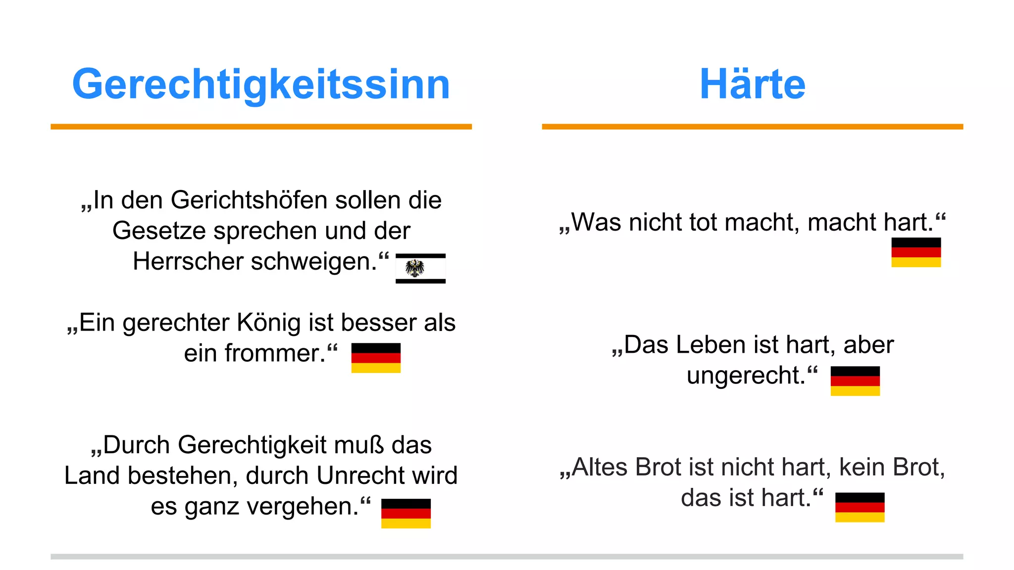 Gerechtigkeitssinn Härte 
„In den Gerichtshöfen sollen die 
Gesetze sprechen und der 
Herrscher schweigen.“ 
„Ein gerechter König ist besser als 
ein frommer.“ 
„Durch Gerechtigkeit muß das 
Land bestehen, durch Unrecht wird 
es ganz vergehen.“ 
„Was nicht tot macht, macht hart.“ 
„Das Leben ist hart, aber 
ungerecht.“ 
„Altes Brot ist nicht hart, kein Brot, 
das ist hart.“ 
 