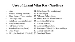 Uses of Laxmi Vilas Ras (Nardiya)
1. Udara
2. Prameha (Urinary disorders)
3. Dhatu Kshaya (Tissue wasting)
4. Urdhvanga Ro...