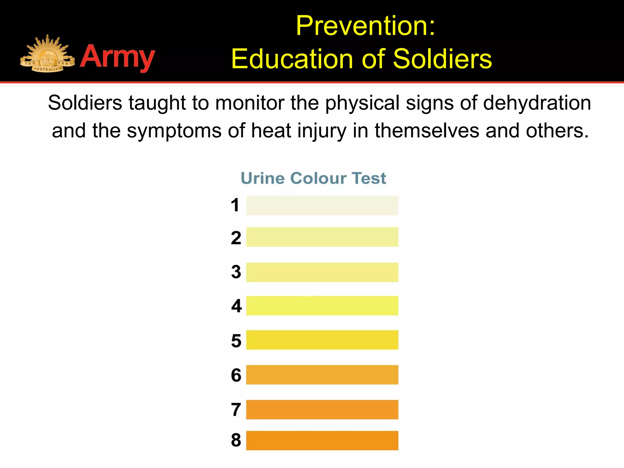 Prevention:
Education of Soldiers
Soldiers taught to monitor the physical signs of dehydration
and the symptoms of heat injury in themselves and others.
Dehydrated
“Pee Clear
Twice a day”
 