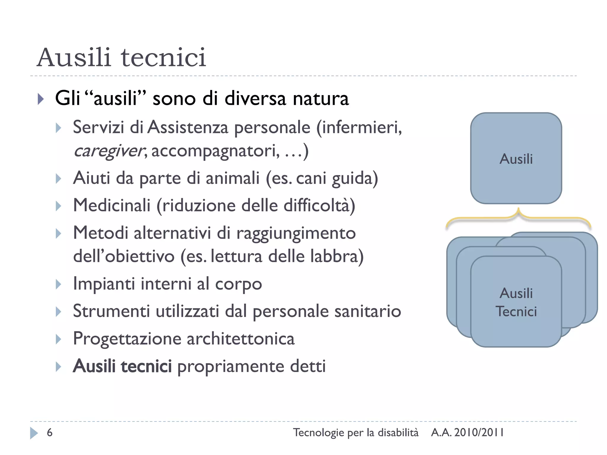 Ausili tecnici
       Gli “ausili” sono di diversa natura
           Servizi di Assistenza personale (infermieri,
            caregiver, accompagnatori, …)                                           Ausili
           Aiuti da parte di animali (es. cani guida)
           Medicinali (riduzione delle difficoltà)
           Metodi alternativi di raggiungimento
            dell’obiettivo (es. lettura delle labbra)
           Impianti interni al corpo                                                Ausili
           Strumenti utilizzati dal personale sanitario                            Tecnici
           Progettazione architettonica
           Ausili tecnici propriamente detti


    6                                    Tecnologie per la disabilità   A.A. 2010/2011
 