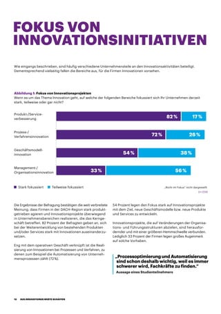 FOKUS VON
INNOVATIONSINITIATIVEN
Wie eingangs beschrieben, sind häufig verschiedene Unternehmensteile an den Innovationsaktivitäten beteiligt.
Dementsprechend vielseitig fallen die Bereiche aus, für die Firmen Innovationen vorsehen.
Die Ergebnisse der Befragung bestätigen die weit verbreitete
Meinung, dass Firmen in der DACH-Region stark produkt-
getrieben agieren und Innovationsprojekte überwiegend
in Unternehmensbereichen realisieren, die das Kernge-
schäft betreffen. 82 Prozent der Befragten geben an, sich
bei der Weiterentwicklung von bestehenden Produkten
und/oder Services stark mit Innovationen auseinanderzu-
setzen.
Eng mit dem operativen Geschäft verknüpft ist die Reali-
sierung von Innovationen bei Prozessen und Verfahren, zu
denen zum Beispiel die Automatisierung von Unterneh-
mensprozessen zählt (72 %).
54 Prozent legen den Fokus stark auf Innovationsprojekte
mit dem Ziel, neue Geschäftsmodelle bzw. neue Produkte
und Services zu entwickeln.
Innovationsprojekte, die auf Veränderungen der Organisa-
tions- und Führungsstrukturen abzielen, sind herausfor-
dernder und mit einer größeren Hemmschwelle verbunden.
Lediglich 33 Prozent der Firmen legen großes Augenmerk
auf solche Vorhaben.
„Prozessoptimierung und Automatisierung
sind schon deshalb wichtig, weil es immer
schwerer wird, Fachkräfte zu finden.“
Aussage eines Studienteilnehmers
Abbildung 1: Fokus von Innovationsprojekten
Wenn es um das Thema Innovation geht, auf welche der folgenden Bereiche fokussiert sich Ihr Unternehmen derzeit
stark, teilweise oder gar nicht?
Stark fokussiert
Produkt-/Service-
verbesserung
Prozess-/
Verfahrensinnovation
Geschäftsmodell-
innovation
Management-/
Organisationsinnovation
Teilweise fokussiert „Nicht im Fokus“ nicht dargestellt
82 %
72 %
54 %
33 % 56 %
38 %
26 %
17 %
(n=258)
AUS INNOVATIONEN WERTE SCHAFFEN10
 