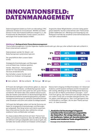 Datenmanagement bietet aus Sicht von teknowlogy | PAC
zahlreiche Ansätze für Innnovationen. Mithilfe von Daten
können Firmen die Produktionseffizienz steigern (u. a. die
Produktivität der Mitarbeiter), Kosten sparen und die Er-
wartungen ihrer Kunden besser erfüllen.
81 Prozent der befragten Unternehmen geben an, dass sie
Datenanalysen für Absatz- und Bedarfsprognosen syste-
matisch und auf einem eher guten bis sehr guten Niveau
vornehmen. Wir führen dies unter anderem darauf zurück,
dass die meisten Unternehmen im deutschsprachigen Raum
betriebswirtschaftliche Anwendungssysteme und Daten-
managementwerkzeuge für operative Geschäftsinformati-
onen einsetzen und somit eine solide Grundlage besteht.
74 Prozent der Befragten sehen sich bei der Nutzung von
Daten für strategische Entscheidungen und Planungen
gut aufgestellt. Dies hängt sicher auch damit zusammen,
dass Unternehmen bereits über zahlreiche und gut
etablierte Tools und Methoden verfügen.
Ein etwas anderes Bild zeichnet sich beim Thema Front-
office und Customer Experience: Über die Hälfte der Befrag-
ten fühlt sich nicht gut aufgestellt, wenn es darum geht, das
Verhalten der Kunden anhand von Analysen vorherzusagen.
Angesichts dieser Möglichkeiten und einer stetig gestie-
genen Datenflut räumen Unternehmen dem Thema einen
großen Stellenwert ein. Allerdings sind Ausprägung und
Reifegrad innerhalb der einzelnen Unternehmensbereiche
noch sehr unterschiedlich.
Ebenso beim Umgang mit Maschinendaten: IoT, Advanced
Analytics und KI-basierte Software sind für Innovationen
sehr wichtig, allerdings ist hier der Reifegrad der Nutzung –
wie auch der am Markt vorhandenen Lösungen – noch
nicht hoch genug. Das Thema wird zum jetzigen Zeitpunkt
von vielen Firmen als zu komplex wahrgenommen. Fer-
ner gaben viele Befragte an, über nicht genügend inter-
ne Fachkräfte zu verfügen, die mit dem Thema vertraut
sind, z. B. Data Scientists.
INNOVATIONSFELD:
DATENMANAGEMENT
Abbildung 7: Reifegrad beim Thema Datenmanagement
Thema Datenmanagement: Sind die folgenden Aspekte bereits sehr gut, eher gut, eher schlecht oder sehr schlecht in
Ihrem Unternehmen realisiert?
Sehr schlecht Eher schlecht Sehr gutEher gut (n=258)
Datenanalysen werden für Absatz- und
Bedarfsprognosen systematisch genutzt. 2 % 42 %16 % 39 %
Der geschäftliche Wert unserer Daten
ist klar.
1 % 47 %23 % 29 %
Strategische Entscheidungen und Planungen
sind auf Daten bzw. Analysen gestützt.
56 %25 % 18 %0 %
Geräte-, Maschinen-, Fahrzeugdaten
werden für neue Geschäftsprozesse/
Services verwendet (IoT).
38 %30 %12 % 20 %
Das Verhalten unserer Kunden wird
anhand von Analysen vorhergesagt. 33 %47 %6 % 14 %
„Analytics ist heutzutage kriegsent-
scheidend für Innovationen angesichts
der Datenflut. Für einige Sektoren, die
wir bedienen, haben wir bereits leistungs-
starke und moderne Tools eingeführt.“
Aussage eines Studienteilnehmers
AUS INNOVATIONEN WERTE SCHAFFEN 21© Accenture  PAC – a teknowlogy Group Company, 2019
 