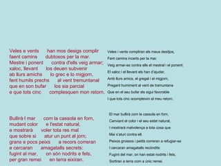 Veles i vents compliran els meus desitjos, Fent camins incerts per la mar. Veig armar-se contra ells el mestral i el ponent;  El xaloc i el llevant els han d’ajudar, Amb llurs amics, el gregal i el migjorn, Pregant humiment al vent de tramuntana Que en el seu bufar els sigui favorable I que tots cinc acompleixin el meu retorn. El mar bullirà com la cassola en forn, Canviant el color i el seu estat natural, I mostrarà malvolença a tota cosa que Mai s’aturi contra ell. Peixos grossos i petits correran a refugiar-se I cercaran amagatalls recòndits: Fugint del mar, on han estat nodrits i fets, Sortiran a terra com a únic remei.       60 VIII   50         55   VII         45       VI V IV Bullirà·l mar      com la cassola en forn, mudant color      e l'estat natural, e mostrarà      voler tota res mal que sobre si      atur un punt al jorn; grans e pocs peixs      a recors correran e cercaran      amagatalls secrets: fugint al mar,      on són nodrits e fets, per gran remei      en terra eixiran. Veles e vents      han mos desigs complir faent camins      dubtosos per la mar. Mestre i ponent      contra d'ells veig armar; xaloc, llevant      los deuen subvenir ab llurs amichs      lo grec e lo migjorn, fent humils prechs      al vent tremuntanal que en son bufar      los sia parcial e que tots cinc      complesquen mon retorn. 