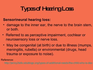 Types of Hearing Loss Sensorineural hearing loss: damage to the inner ear, the nerve to the brain stem, or both.  Referred to as perceptive impairment, cochlear or neurosensory loss or nerve loss.  May be congenital (at birth) or due to illness (mumps, meningitis, rubella) or environmental (drugs, head trauma or exposure to noise).  Reference:  http://jenny2tafe.edublogs.org/types-of-additional-needs/the-child-who-is-deaf/   
