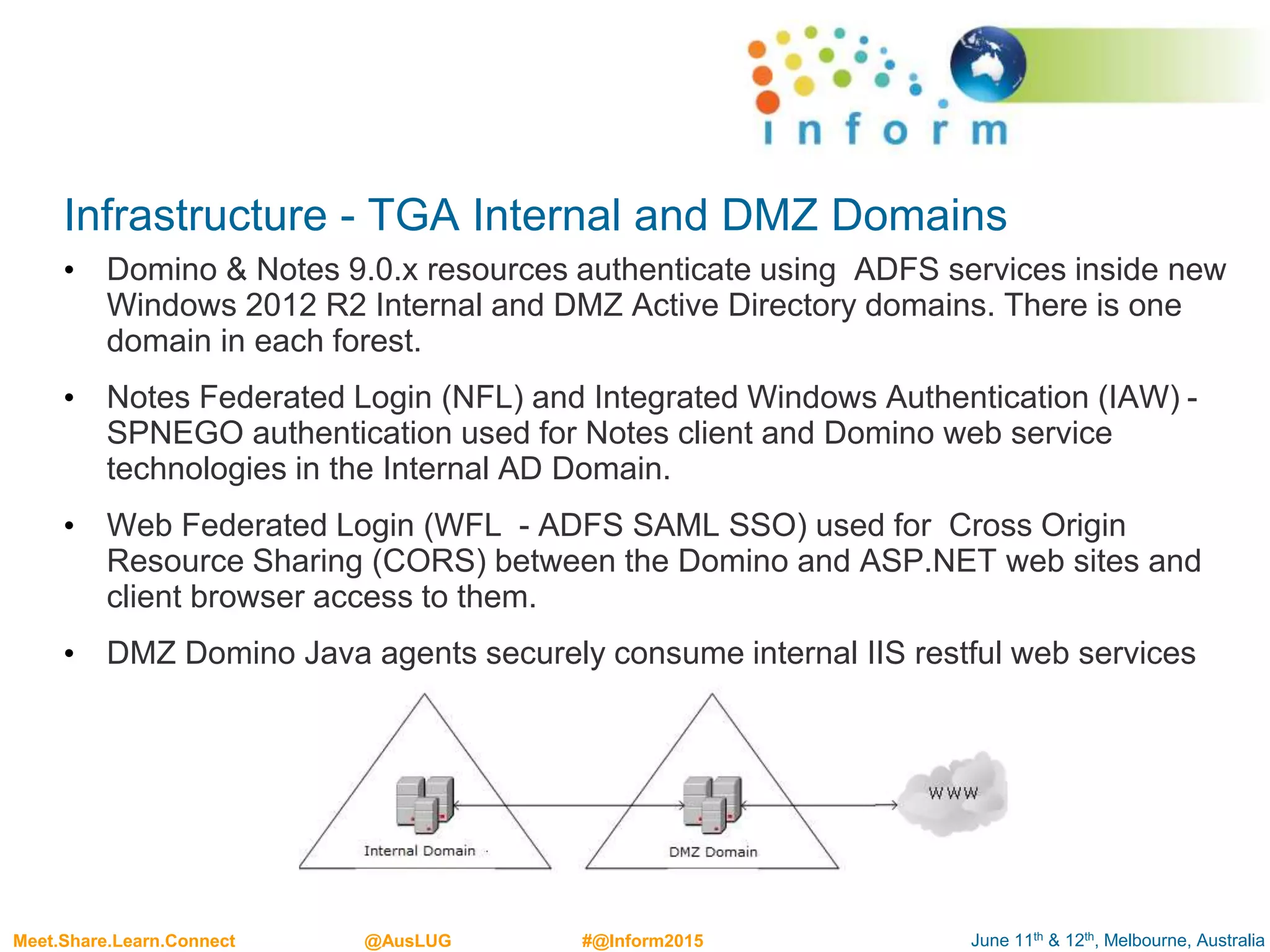 June 11th & 12th, Melbourne, AustraliaMeet.Share.Learn.Connect @AusLUG #@Inform2015
Infrastructure - TGA Internal and DMZ Domains
• Domino & Notes 9.0.x resources authenticate using ADFS services inside new
Windows 2012 R2 Internal and DMZ Active Directory domains. There is one
domain in each forest.
• Notes Federated Login (NFL) and Integrated Windows Authentication (IAW) -
SPNEGO authentication used for Notes client and Domino web service
technologies in the Internal AD Domain.
• Web Federated Login (WFL - ADFS SAML SSO) used for Cross Origin
Resource Sharing (CORS) between the Domino and ASP.NET web sites and
client browser access to them.
• DMZ Domino Java agents securely consume internal IIS restful web services
 