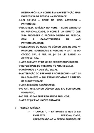 MESMO APÓS SUA MORTE. É A MANIFESTAÇÃO MAIS
    EXPRESSIVA DA PESSOA NA SOCIEDADE.
   LEI   9.610/98   –    NOME   NO   MEIO   ARTÍSTICO   –
    PATRIMÔNIO.
   NATUREZA JURÍDICA DO NOME – COMO ATRIBUTO
    DA PERSONALIDADE, O NOME É UM DIREITO QUE
    VISA PROTEGER O PRÓPRIO DIREITO DA PESSOA,
    COM         A        CARACTERÍSTICA      DA      NÃO
    PATRIMONIALIDADE.
   ELEMENTOS DO NOME NO CÓDIGO CIVIL DE 2002 =>
    PRENOME, SOBRENOME E AGNOME -> ART. 16 DO
    CÓDIGO CIVL E ART. 54, §4º DA LEI 6.015/73 =>
    CRITÉRIO LEGAL.
   ART. 56 E ART. 57 DA LEI DE REGISTROS PÚBLICOS.
   DUPLICIDADE DO PRENOME NO ART. 63 DA LEI.
   AXIÔNIMOS E A OMISSÃO LEGAL.
   ALTERAÇÃO DO PRENOME E SOBRENOME -> ART. 55
    DA LEI 6.015/73 -> ROL EXEMPLIFICATIVO E CRITÉRIO
    DE SUBJETIVIDADE.
   ART. 58 E SEUS PARÁGRAFOS.
   O ART. 1565, §1º DO CÓDIGO CIVIL E O SOBRENOME
    DO MARIDO.
   O ART. 57 DA LEI DE REGISTROS PÚBLICOS.
   ART. 57,§3º E AS UNIÕES ESTÁVEIS.


7 – PESSOA JURÍDICA
          7.1   – CONCEITO – ENTIDADES A QUE A LEI
                EMPRESTA                  PERSONALIDADE,
                CAPACITANDO-AS A SEREM SUJEITOS DE
 