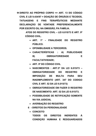  DIREITO AO PRÓPRIO CORPO => ART. 13 DO CÓDIGO
  CIVIL E LEI 9.434/97 = DOAÇÃO DE ÓRGÃOS E TECIDOS,
  TATUAGENS      E      FINS     TERAPÊUTICOS         MEDIANTE
  DECLARAÇÃO       DE     VONTADE     PREFERENCIALMENTE
  POR ESCRITO OU, NA OMISSÃO, PA FAMÍLIA.
       ATOS DO REGISTRO CIVIL – LEI 6.015/73 E ART. 9º
      CÓDIGO CIVIL.
            ART.     1º   -     FINALIDADE       DO   REGISTRO
            PÚBLICO.
            OPONIBILIDADE A TERCEIROS.
            CARACTERÍSTICAS           :     A)    PUBLICIDADE
            B)                 OBRIGATORIEDADE                 E
            FACULTATIVIDADE;
            ART. 9º DO CÓDIGO CIVIL
            NASCIMENTOS : ART.5º DA LEI 6.015/73 –
            OBRIGATORIEDADE               DO     REGISTRO      E
            IMPOSIÇÃO           DE   MULTA         PARA      SEU
            INADIMPLEMENTO (ART. 347 DO CODIGO
            CIVIL E ART. 52 DA LEI 6.015/73)
            OBRIGATORIEDADE EM FAZER O REGISTRO
            DE NASCIMENTO: ART. 52 DA LEI 6.015/73.
            POSSIBILIDADE DE RETIFICAÇÃO SOMENTE
            NA VIA JUDICIAL
            AVERBAÇÃO DO REGISTRO
        6 - DIREITOS DA PERSONALIDADE
            CONCEITO
            TODOS         OS     DIREITOS        INERENTES    À
            CONDIÇÃO HUMANA E RESGUARDADOS
 