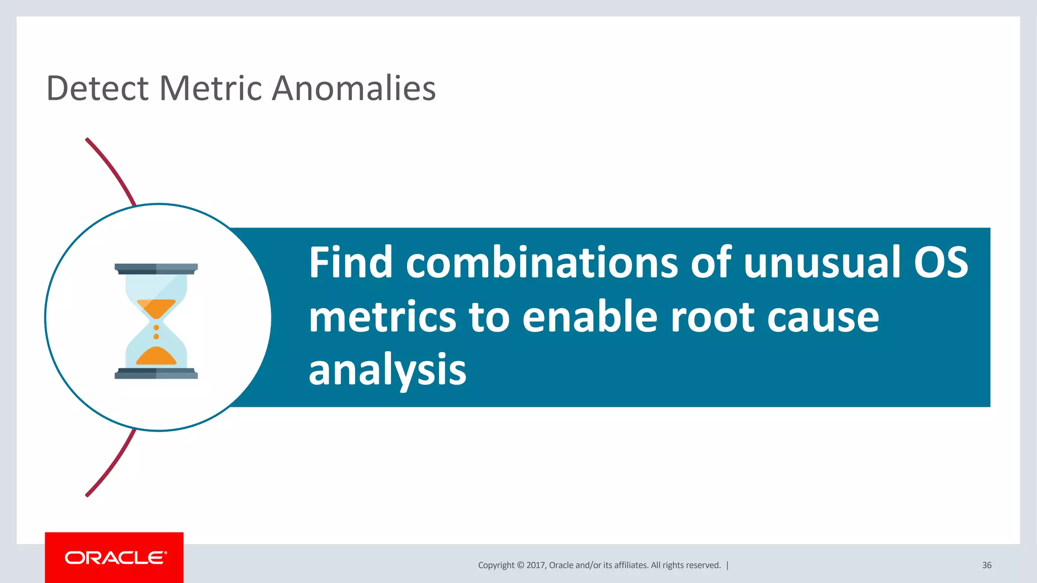 Copyright © 2017, Oracle and/or its affiliates. All rights reserved. |
Detect Metric Anomalies
Find combinations of unusual OS
metrics to enable root cause
analysis
36
 