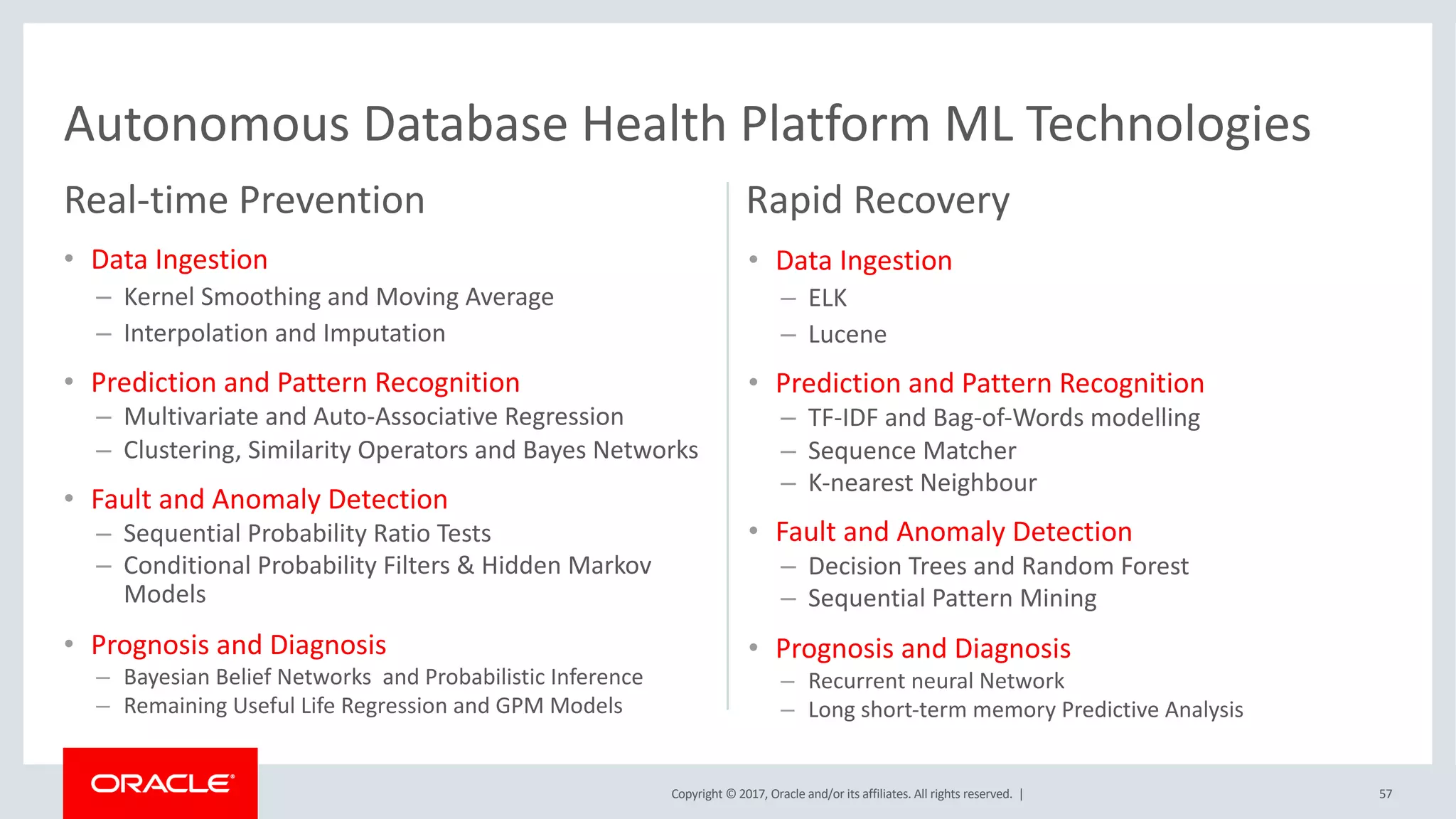Copyright © 2017, Oracle and/or its affiliates. All rights reserved. |
Real-time Prevention
• Data Ingestion
– Kernel Smoothing and Moving Average
– Interpolation and Imputation
• Prediction and Pattern Recognition
– Multivariate and Auto-Associative Regression
– Clustering, Similarity Operators and Bayes Networks
• Fault and Anomaly Detection
– Sequential Probability Ratio Tests
– Conditional Probability Filters & Hidden Markov
Models
• Prognosis and Diagnosis
– Bayesian Belief Networks and Probabilistic Inference
– Remaining Useful Life Regression and GPM Models
Rapid Recovery
Autonomous Database Health Platform ML Technologies
• Data Ingestion
– ELK
– Lucene
• Prediction and Pattern Recognition
– TF-IDF and Bag-of-Words modelling
– Sequence Matcher
– K-nearest Neighbour
• Fault and Anomaly Detection
– Decision Trees and Random Forest
– Sequential Pattern Mining
• Prognosis and Diagnosis
– Recurrent neural Network
– Long short-term memory Predictive Analysis
57
 