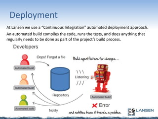 Deployment
At Lansen we use a “Continuous Integration” automated deployment approach.
An automated build compiles the code, runs the tests, and does anything that
regularly needs to be done as part of the project’s build process.

 