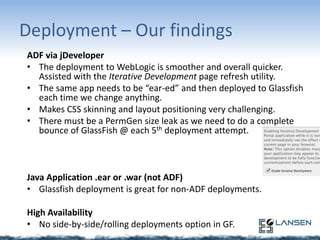 Deployment – Our findings
ADF via jDeveloper
• The deployment to WebLogic is smoother and overall quicker.
Assisted with the Iterative Development page refresh utility.
• The same app needs to be “ear-ed” and then deployed to Glassfish
each time we change anything.
• Makes CSS skinning and layout positioning very challenging.
• There must be a PermGen size leak as we need to do a complete
bounce of GlassFish @ each 5th deployment attempt.

Java Application .ear or .war (not ADF)
• Glassfish deployment is great for non-ADF deployments.
High Availability
• No side-by-side/rolling deployments option in GF.

 