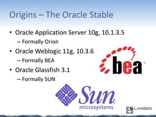 Origins – The Oracle Stable
• Oracle Application Server 10g, 10.1.3.5
– Formally Orion

• Oracle Weblogic 11g, 10.3.6
– Formally BEA

• Oracle Glassfish 3.1
– Formally SUN

 