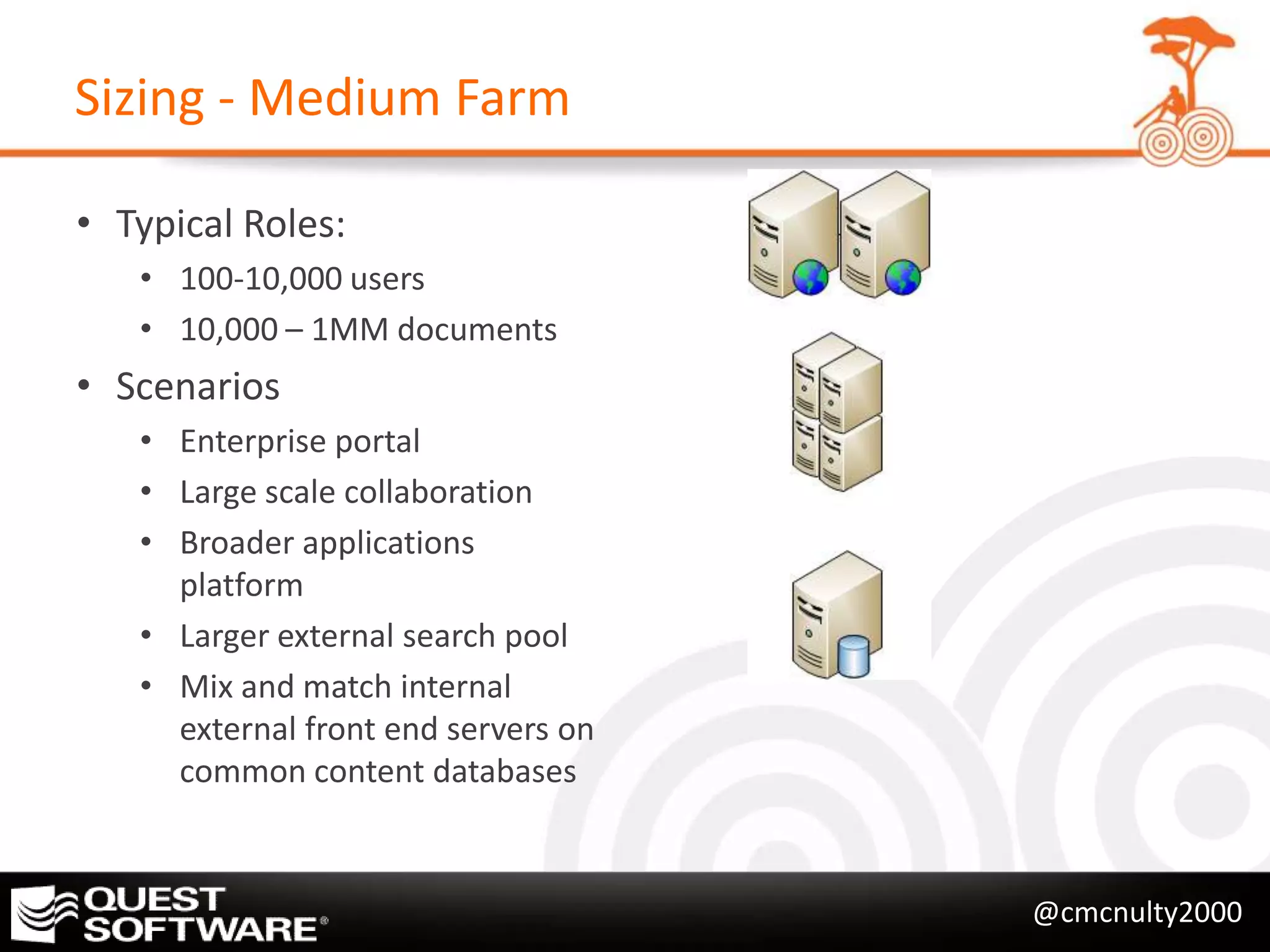 Sizing - Medium Farm

• Typical Roles:
   • 100-10,000 users
   • 10,000 – 1MM documents
• Scenarios
   • Enterprise portal
   • Large scale collaboration
   • Broader applications
     platform
   • Larger external search pool
   • Mix and match internal
     external front end servers on
     common content databases


                                     @cmcnulty2000
 