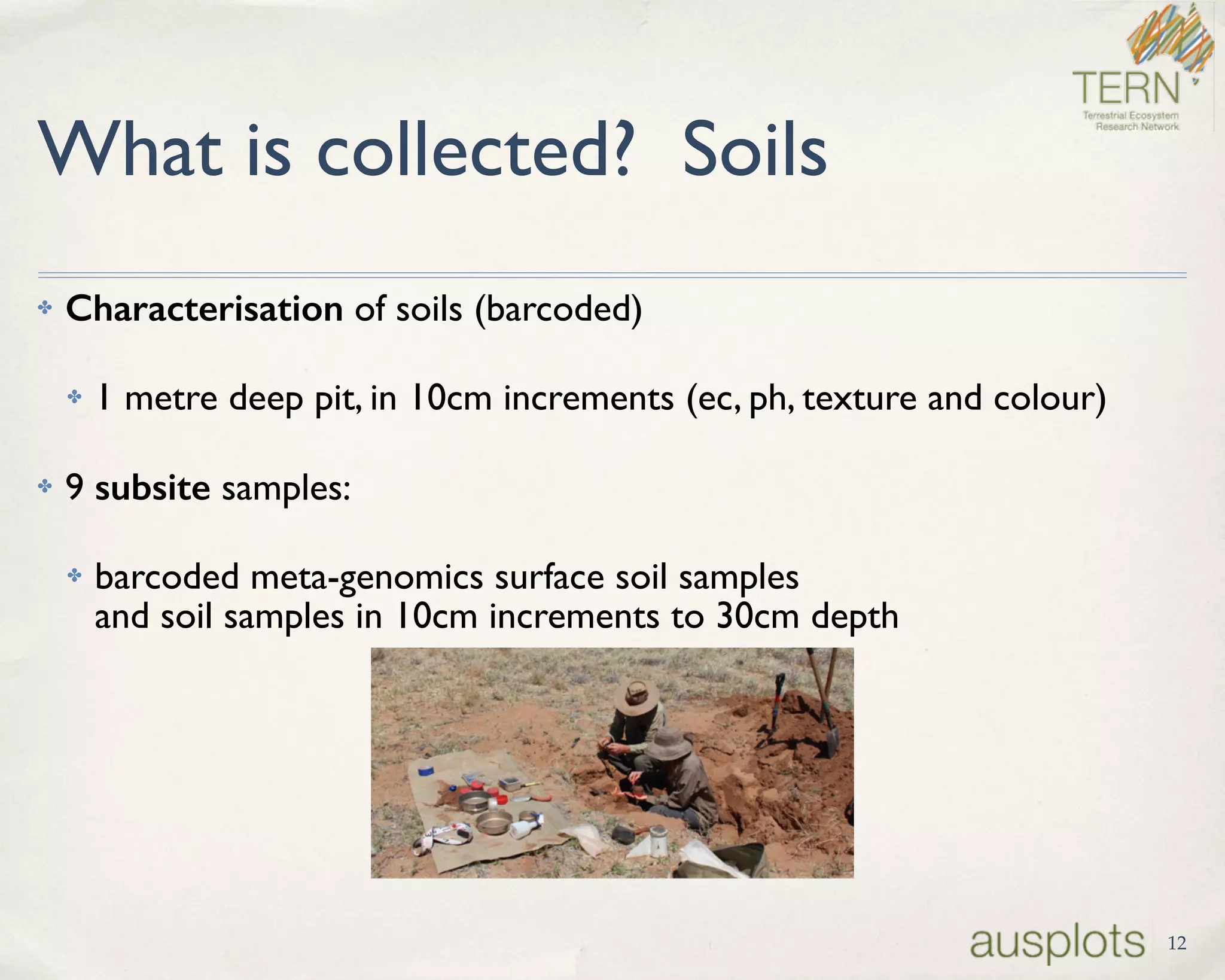 What is collected? Soils
✤ Characterisation of soils (barcoded)
✤ 1 metre deep pit, in 10cm increments (ec, ph, texture and colour)
✤ 9 subsite samples:
✤ barcoded meta-genomics surface soil samples  
and soil samples in 10cm increments to 30cm depth
12
 