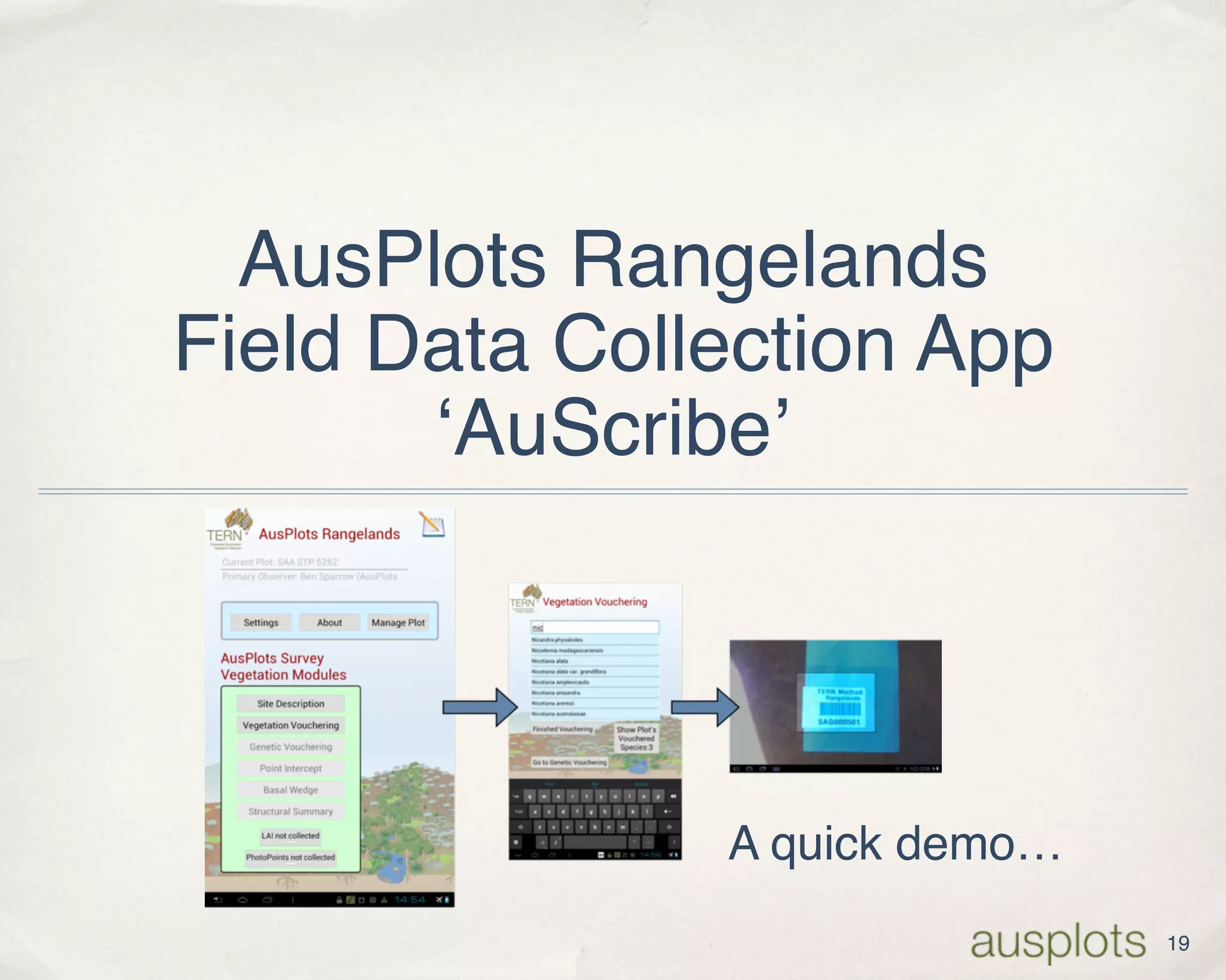 AusPlots Rangelands
Field Data Collection App
‘AuScribe’
19
A quick demo…
 