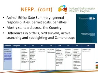 • Animal Ethics Sate Summary- general
responsibilities, permit costs, penalties
• Mostly standard across the Country
• Differences in pitfalls, bird surveys, active
searching and spotlighting and Camera traps
NERP…(cont)
 