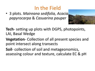 In the Field
• 3 plots. Maireana sedifolia, Acacia
papyrocarpa & Casuarina pauper
Tech- setting up plots with DGPS, photopoints,
LAI, Basal Wedge
Vegetation- Collection of all present species and
point intersect along transects
Soil- collection of soil and metageonomics,
assessing colour and texture, calculate EC & pH
 