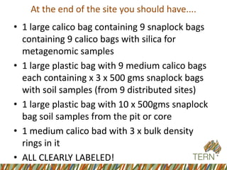 At the end of the site you should have.... 
•1 large calico bag containing 9 snaplockbags containing 9 calico bags with silica for metagenomicsamples 
•1 large plastic bag with 9 medium calico bags each containing x 3 x 500 gmssnaplockbags with soil samples (from 9 distributed sites) 
•1 large plastic bag with 10 x 500gms snaplockbag soil samples from the pit or core 
•1 medium calico bad with 3 x bulk density rings in it 
•ALL CLEARLY LABELED!  