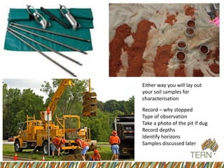 Either way you will lay out your soil samples for characterisation 
Record –why stopped 
Type of observation 
Take a photo of the pit if dug 
Record depths 
Identify horizons 
Samples discussed later  