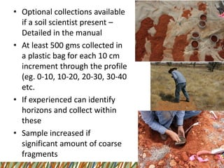 •Optional collections available if a soil scientist present – Detailed in the manual 
•At least 500 gmscollected in a plastic bag for each 10 cm increment through the profile (eg. 0-10, 10-20, 20-30, 30-40 etc. 
•If experienced can identify horizons and collect within these 
•Sample increased if significant amount of coarse fragments  