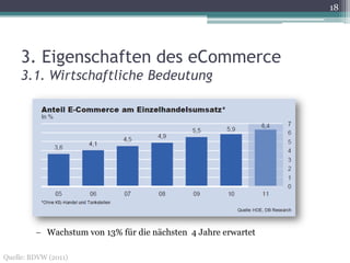 18




     3. Eigenschaften des eCommerce
     3.1. Wirtschaftliche Bedeutung




            Wachstum von 13% für die nächsten 4 Jahre erwartet

Quelle: BDVW (2011)
 