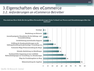 22

  3.Eigenschaften des eCommerce
  3.2. Anforderungen an eCommerce-Betreiber

  Was sind aus Ihrer Sicht die drei größten Herausforderungen beim Verkauf von Waren und Dienstleistungen über das
                                                       Internet?




                                                   Sonstiges       2

                                  Bearbeitung von Retouren             7
      Auswahl geeigneter Dienstleister für die Zahlungs- und
                                                                           9
                      Versandabwicklung
                    Gewährleistung ausreichenden Supports                      12
            Erfüllung der Kundenanforderungen an die
                                                                                         22
      Zahlungsabwicklung bei gleichzeitiger Vermeidung von…
            Technische Pflege/Weiterentwicklung des Shops                                          33

                     Zeitnahe Abarbeitung von Bestellungen                                         34
        Kontinuierliche Anpassung an neue rechtliche
                                                                                                             44
    Rahmenbedingungen zur Vermeidung von Abmahnungen
                         Pfege des Produktangebots im Shop                                                        49

                             Bekanntmachung des Angebots                                                                          80

                                                               0       10           20        30        40    50       60   70   80    90

Quelle: ibi Research (2009)
 