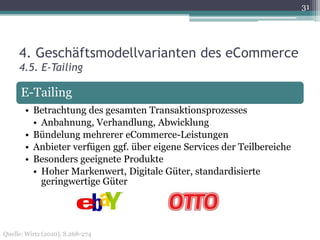 31




     4. Geschäftsmodellvarianten des eCommerce
     4.5. E-Tailing

      E-Tailing
       • Betrachtung des gesamten Transaktionsprozesses
         • Anbahnung, Verhandlung, Abwicklung
       • Bündelung mehrerer eCommerce-Leistungen
       • Anbieter verfügen ggf. über eigene Services der Teilbereiche
       • Besonders geeignete Produkte
         • Hoher Markenwert, Digitale Güter, standardisierte
           geringwertige Güter




Quelle: Wirtz (2010), S.268-274
 