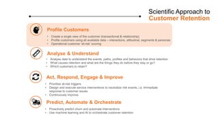 Scientific Approach to
Customer Retention
Profile Customers
• Create a single view of the customer (transactional & relati...
