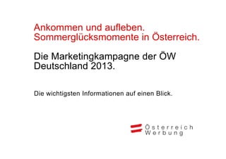 Ankommen und aufleben.
A k         d fl b
Sommerglücksmomente in Österreich.

Die Marketingkampagne der ÖW
            g     g
Deutschland 2013.

Die wichtigsten Informationen auf einen Blick.
 