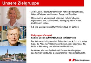 Unsere Zielgruppe
Zielgruppe
            • 35-65 Jahre, überdurchschnittlich hohes Bildungsniveau,
              höhere Einkommensklassen, Paare und Familien
            • Reisemotive: Wintersport, intensive Naturerlebnisse,
              regionale Küche, Gastlichkeit, Bewegung in der Natur,
              Zeit für sich haben.
            • 5,5 Mio Gästepotenzial für Winterurlaub im Schnee


             Zielgruppen-Beispiel
             Familie Loeck auf Winterurlaub in Österreich
             Der Wissenschaftsjournalist Sebastian Loeck, 51, und seine
             Frau, die Allgemeinmedizinerin Ulrike Loeck-Baumann, 45,
             leben in Flensburg und sind echte Nordlichter.
             Im Winter wird das flache Land für eine Woche gegen
             das herrlich weitläufige Bergpanorama Tirols eingetauscht.
 