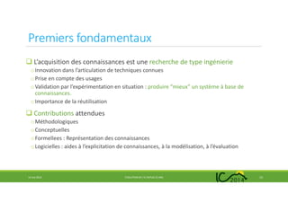 Premiers fondamentaux
L’acquisition des connaissances est une recherche de type ingénierie
oInnovation dans l’articulation de techniques connues
oPrise en compte des usages
oValidation par l’expérimentation en situation : produire “mieux” un système à base de
connaissances.
oImportance de la réutilisation
Contributions attendues
oMéthodologiques
oConceptuelles
oFormellees : Représentation des connaissances
oLogicielles : aides à l’explicitation de connaissances, à la modélisation, à l’évaluation
14 mai 2014 EVOLUTION DE L’IC DEPUIS 25 ANS 13
 