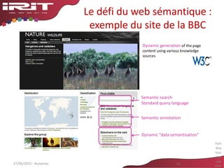 Le défi du web sémantique :
exemple du site de la BBC
27/05/2015 - Aussenac 12
Fert
ilisa
tion
croi
sée
entr
Dynamic “data semantisation”
Semantic search
Standard query language
Dynamic generation of the page
content using various knowledge
sources
Semantic annotation
 
