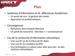 Plan
• Systèmes d’information et IA: differences fondatrices
– Un point de vue : la gestion des textes
– Approches et problématiques
• Convergences
– Évolutions dans chaque domaine
– Un point de rencontre : données <-> connaissances
• Cas de la recherche d’information sémantique
– Une vue RI: ex de la thèse de M. Baziz
– Une vue IA: les modèles de RTO
– Une fertilisation à cultiver pour aller plus loin : ex des
relations sémantiques
15Fertilisation croisée entre SIG et IA27/05/2015 - Aussenac
 