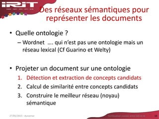Des réseaux sémantiques pour
représenter les documents
• Quelle ontologie ?
– Wordnet …. qui n’est pas une ontologie mais un
réseau lexical (Cf Guarino et Welty)
• Projeter un document sur une ontologie
1. Détection et extraction de concepts candidats
2. Calcul de similarité entre concepts candidats
3. Construire le meilleur réseau (noyau)
sémantique
1927/05/2015 - Aussenac Fertilisation croisée entre SIG et IA
 
