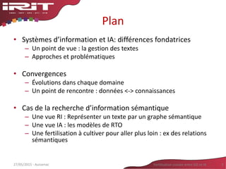 Plan
• Systèmes d’information et IA: différences fondatrices
– Un point de vue : la gestion des textes
– Approches et problématiques
• Convergences
– Évolutions dans chaque domaine
– Un point de rencontre : données <-> connaissances
• Cas de la recherche d’information sémantique
– Une vue RI : Représenter un texte par un graphe sémantique
– Une vue IA : les modèles de RTO
– Une fertilisation à cultiver pour aller plus loin : ex des relations
sémantiques
2Fertilisation croisée entre SIG et IA27/05/2015 - Aussenac
 