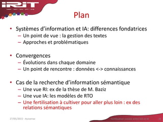 Plan
• Systèmes d’information et IA: differences fondatrices
– Un point de vue : la gestion des textes
– Approches et problématiques
• Convergences
– Évolutions dans chaque domaine
– Un point de rencontre : données <-> connaissances
• Cas de la recherche d’information sémantique
– Une vue RI: ex de la thèse de M. Baziz
– Une vue IA: les modèles de RTO
– Une fertilisation à cultiver pour aller plus loin : ex des
relations sémantiques
28Fertilisation croisée entre SIG et IA27/05/2015 - Aussenac
 