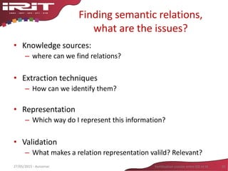 Finding semantic relations,
what are the issues?
• Knowledge sources:
– where can we find relations?
• Extraction techniques
– How can we identify them?
• Representation
– Which way do I represent this information?
• Validation
– What makes a relation representation valild? Relevant?
27/05/2015 - Aussenac Fertilisation croisée entre SIG et IA 30
 