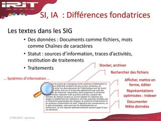 SI, IA : Différences fondatrices
Les textes dans les SIG
• Des données : Documents comme fichiers, mots
comme Chaînes de caractères
• Statut : sources d’information, traces d’activités,
restitution de traitements
• Traitements
27/05/2015 - Aussenac Fertilisation croisée entre SIG et IA 4
Alors que les points de convergence entre Systèmes d'information et
Intelligence Artificielle semblent de plus en plus nombreux, les
frontières entre ces deux domaines de l'informatique sont de moins
en moins nettes, tant sur le terrain des applications que celui des
questions de recherche. Aujourd'hui, faire progresser la recherche
d'information, répondre à des questions précises, analyser des
données de réseaux sociaux ou encore adapter les réponses aux
usages et préférences des utilisateurs sont des questions étudiées par
le traitement automatique des langues, la recherche d'information et
les systèmes d'information du web, l'ingénierie des connaissances, ou
le web sémantique, mais aussi par les mathématiciens et
statisticiens. Or une réponse opérationnelle fait souvent appel à tous
ces domaines.
Rechercher des fichiers
Stocker, archiver
Représentations
optimisées : Indexer
Documenter
Méta-données
... Systèmes d’information … Afficher, mettre en
forme, éditer
 