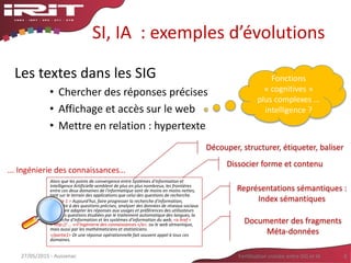 SI, IA : exemples d’évolutions
Les textes dans les SIG
• Chercher des réponses précises
• Affichage et accès sur le web
• Mettre en relation : hypertexte
27/05/2015 - Aussenac Fertilisation croisée entre SIG et IA 827/05/2015 - Aussenac Fertilisation croisée entre SIG et IA 8
Alors que les points de convergence entre Systèmes d'information et
Intelligence Artificielle semblent de plus en plus nombreux, les frontières
entre ces deux domaines de l'informatique sont de moins en moins nettes,
tant sur le terrain des applications que celui des questions de recherche.
<partie 1 > Aujourd'hui, faire progresser la recherche d'information,
répondre à des questions précises, analyser des données de réseaux sociaux
ou encore adapter les réponses aux usages et préférences des utilisateurs
sont des questions étudiées par le traitement automatique des langues, la
recherche d'information et les systèmes d'information du web, <a href =
« http:// … »>l'ingénierie des connaissances </a>, ou le web sémantique,
mais aussi par les mathématiciens et statisticiens.
</partie1> Or une réponse opérationnelle fait souvent appel à tous ces
domaines.
Dissocier forme et contenu
Découper, structurer, étiqueter, baliser
Représentations sémantiques :
Index sémantiques
Documenter des fragments
Méta-données
... Ingénierie des connaissances…
Fonctions
« cognitives »
plus complexes …
intelligence ?
 