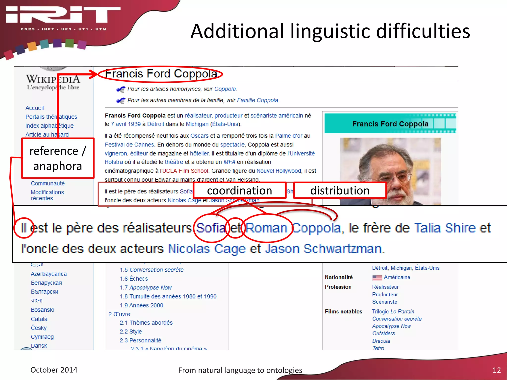 Additional linguistic difficulties
October 2014 From natural language to ontologies 12
reference /
anaphora
coordination distribution
 