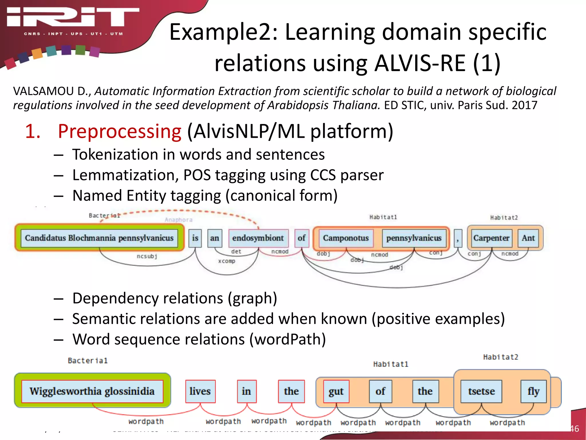 Example2: Learning domain specific
relations using ALVIS-RE (1)
1. Preprocessing (AlvisNLP/ML platform)
– Tokenization in words and sentences
– Lemmatization, POS tagging using CCS parser
– Named Entity tagging (canonical form)
– Dependency relations (graph)
– Semantic relations are added when known (positive examples)
– Word sequence relations (wordPath)
12/09/2017 SEMANTICS - NLP and KE at the era of SemWeb: Semantic relations - Aussenac 46
VALSAMOU D., Automatic Information Extraction from scientific scholar to build a network of biological
regulations involved in the seed development of Arabidopsis Thaliana. ED STIC, univ. Paris Sud. 2017
 