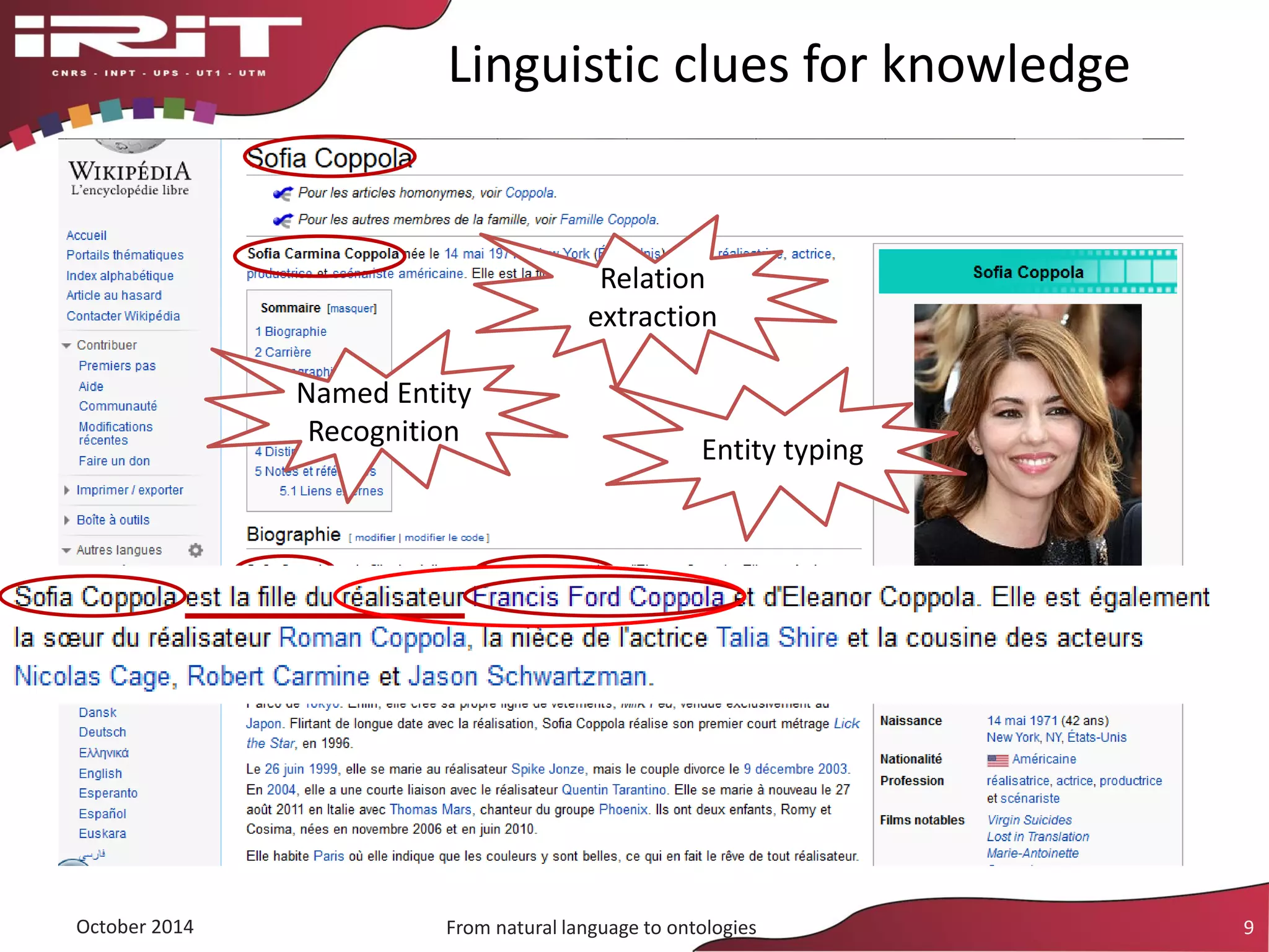 Linguistic clues for knowledge
October 2014 From natural language to ontologies 9
Named Entity
Recognition
Relation
extraction
Entity typing
 