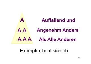 15
A
A A
A A A
Angenehm Anders
Als Alle Anderen
Examplex hebt sich ab
Auffallend und
 