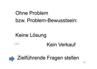 38
Ohne Problem
bzw. Problem-Bewusstsein:
Keine Lösung
… Kein Verkauf
Zielführende Fragen stellen
 