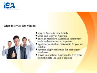 1. Quality of life
What this visa lets you do
stay in Australia indefinitely
work and study in Australia
enrol in Medicare, Australia's scheme for 
health­related care and expenses
apply for Australian citizenship (if you are 
eligible)
sponsor eligible relatives for permanent 
residence
travel to and from Australia for five years 
from the date the visa is granted
 