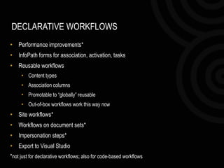 DECLARATIVE WORKFLOWS Performance improvements* InfoPath forms for association, activation, tasks Reusable workflows Content types Association columns Promotable to “globally” reusable Out-of-box workflows work this way now Site workflows* Workflows on document sets* Impersonation steps* Export to Visual Studio * not just for declarative workflows; also for code-based workflows 