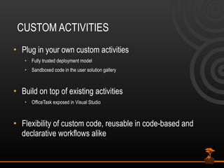 CUSTOM ACTIVITIES Plug in your own custom activities Fully trusted deployment model Sandboxed code in the user solution gallery Build on top of existing activities OfficeTask exposed in Visual Studio Flexibility of custom code, reusable in code-based and declarative workflows alike 