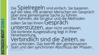 Die Spielregeln sind einfach. Sie basieren
auf der Idee, mit anderen Menschen ein Gespräch
über eine gemeinsame Sache zu führen.
Der Rahmen, die Struktur und die Methoden
sollen Sie bei Ihrem Gespräch
unterstützen, aber nicht versklaven.
Die konkrete Ausgestaltung liegt in Ihrer
Verantwortung.
Verbindlich sind die Zeit , die
uns verbinden. Das betrifft den gemeinsamen
Start und den synchronen Abschluss der Phasen.

en

.Austausch-macht-Schule.org

16

 